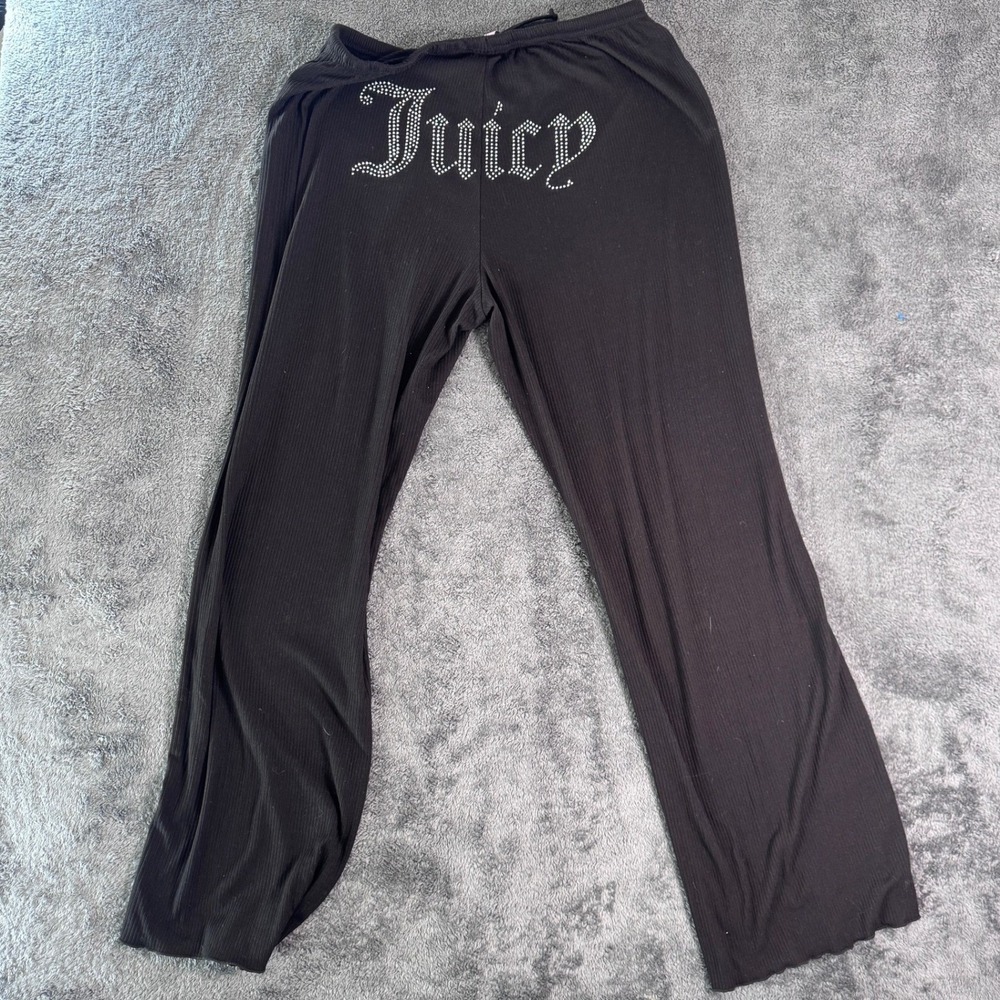 Juicy Couture XL Lounge Set Black Ribbed Rhinestone Logo Pajamas Y2K McBling 2pc - Picture 2 of 7